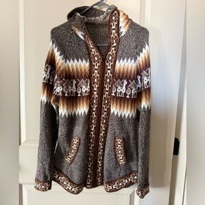 Women’s Alpaca Wool Handmade Brown Patterned Zip Up Sweater
